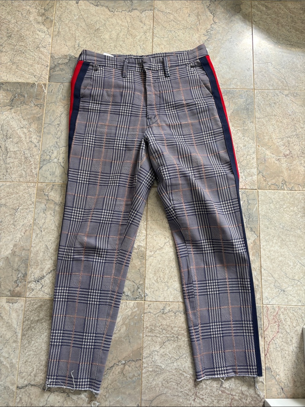 MOTHER Plaid Ankle Trousers with Navy and Red Side Stripe